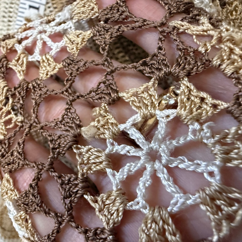 Vintage Silk Blend Crochet Knit Top Sweater Bell Sleeve Cream Brown Small 70s - Picture 10 of 10